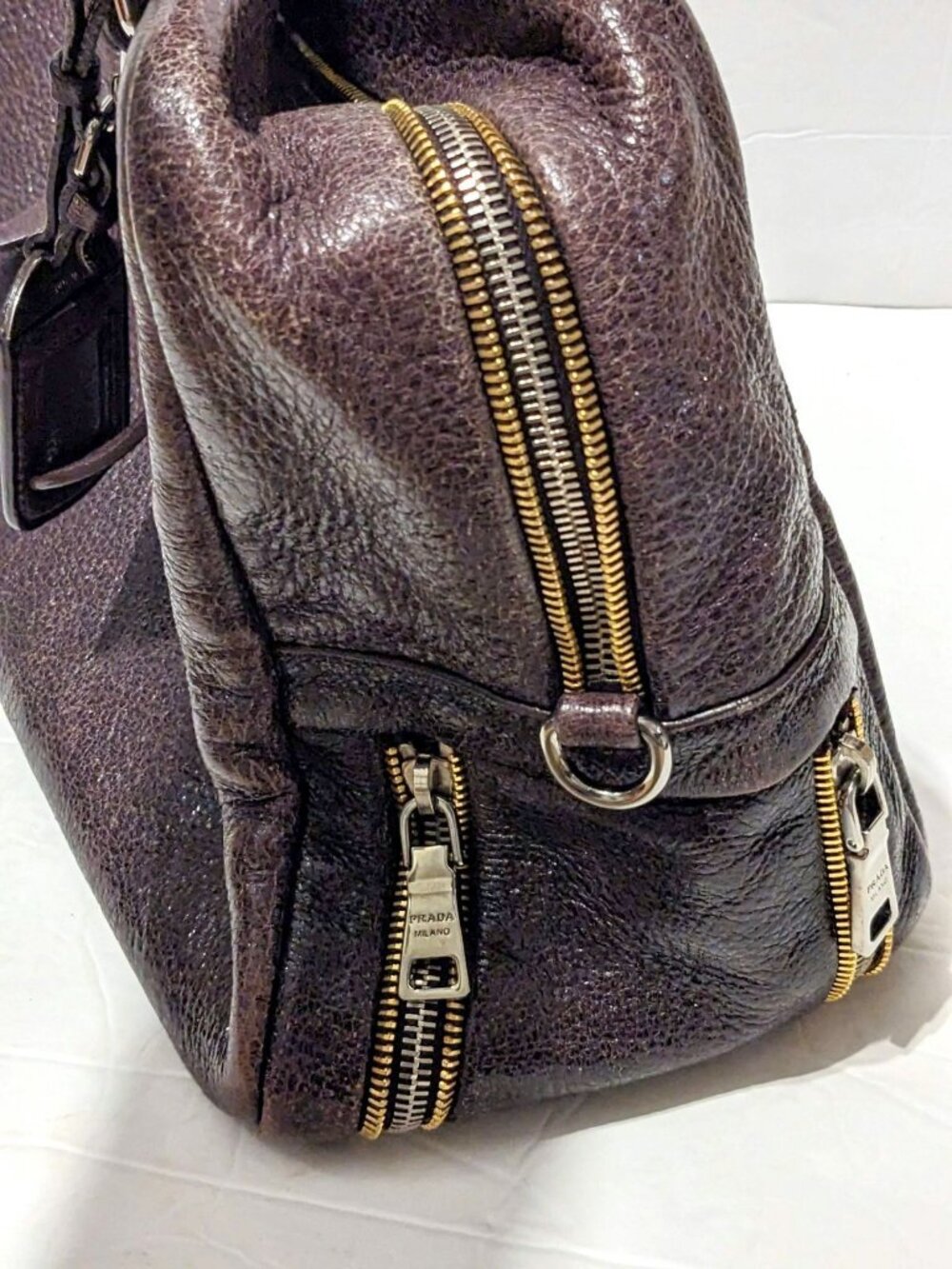 Prada Milano Bowler Sparkling Dark Mauve Leather Locket Zippered Handbag Luck - Picture 5 of 10
